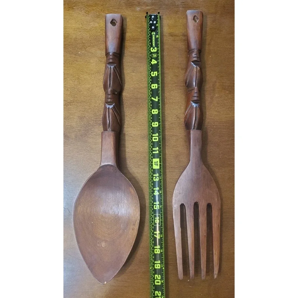 Vintage Hand Carved Wooden Fork and Spoon 20